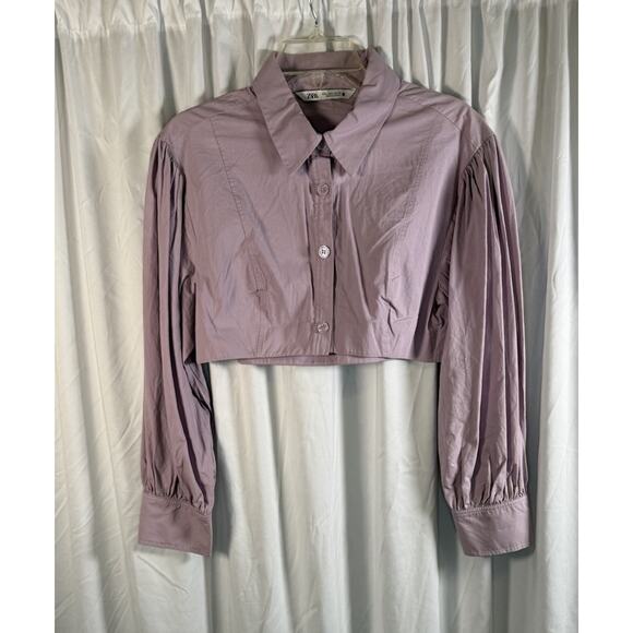 Zara Voluminous Poplin Crop Top w/Balloon Sleeves, Lavender, Sz: L, 84-03 - Picture 9 of 11